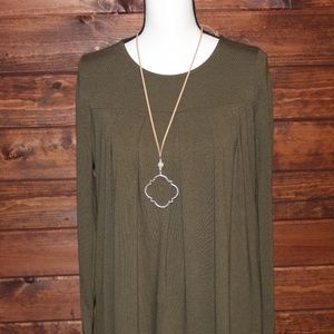 Dark Olive - Long Sleeve Round Neck Pleated Top